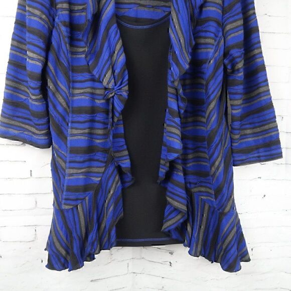 SOFT WORKS BLUE & BLACK STRIPE 3/4 SLEEVE RUFFLE FRONT WITH BUILT IN TOP SIZE L - Picture 5 of 9